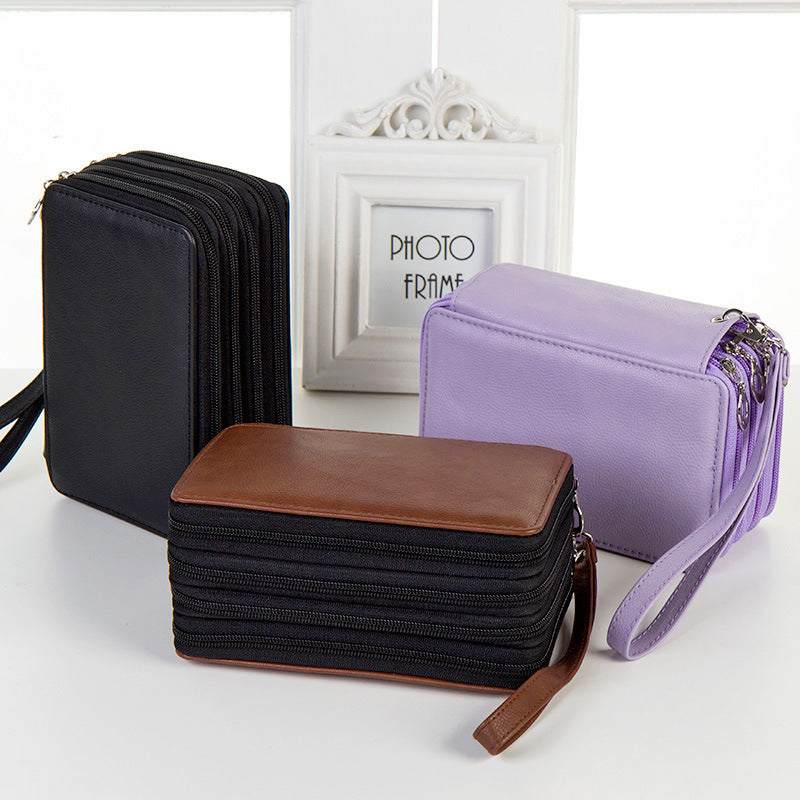 Cross-border pencil bag four-layer zipper, large-capacity pu72-color pen curtain, student storage lead stationery box, stationery bag set.