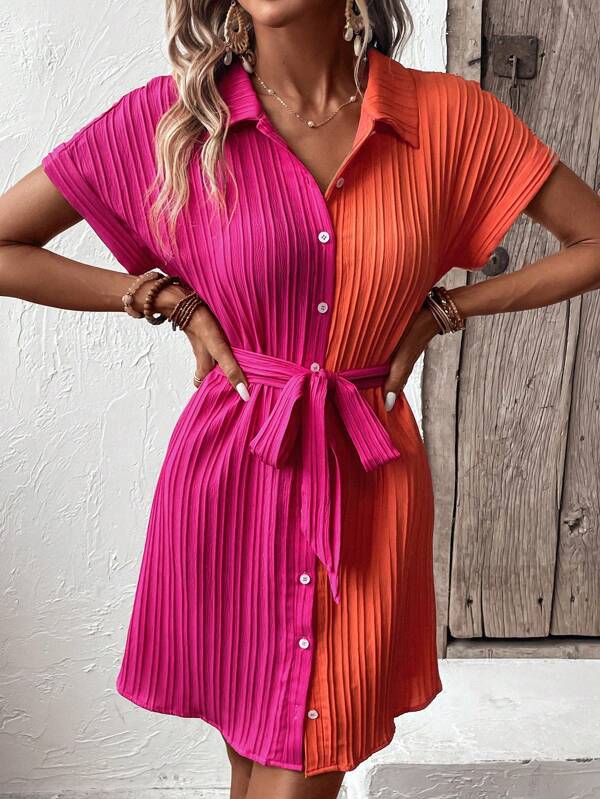 new european and american style women's blouse dress: color block batwing sleeve, tie waist, slimming and elegant