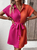 new european and american style women's blouse dress: color block batwing sleeve, tie waist, slimming and elegant