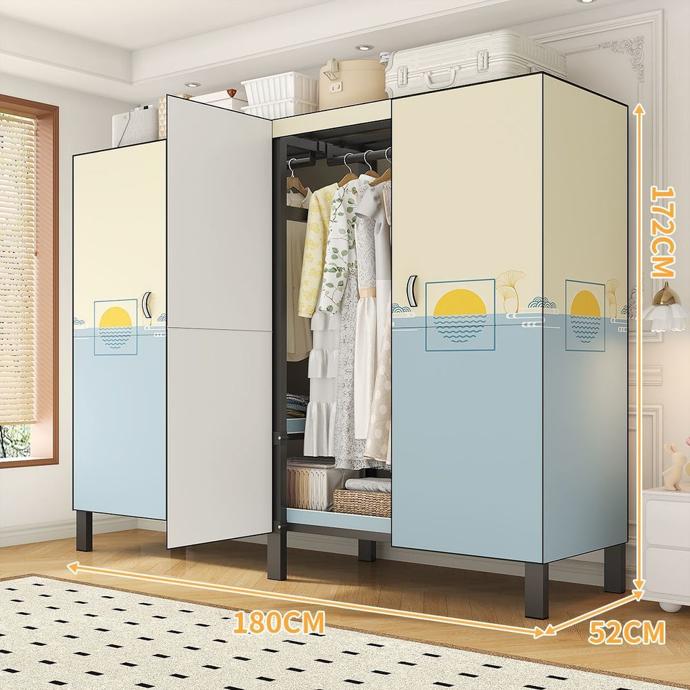 Easy-to-assemble, foldable wardrobe for bedrooms, ideal for home use or rental properties. dustproof, moisture-proof, with reinforced construction, fully sealed, and mildew-resistant. features a convenient swing-out door