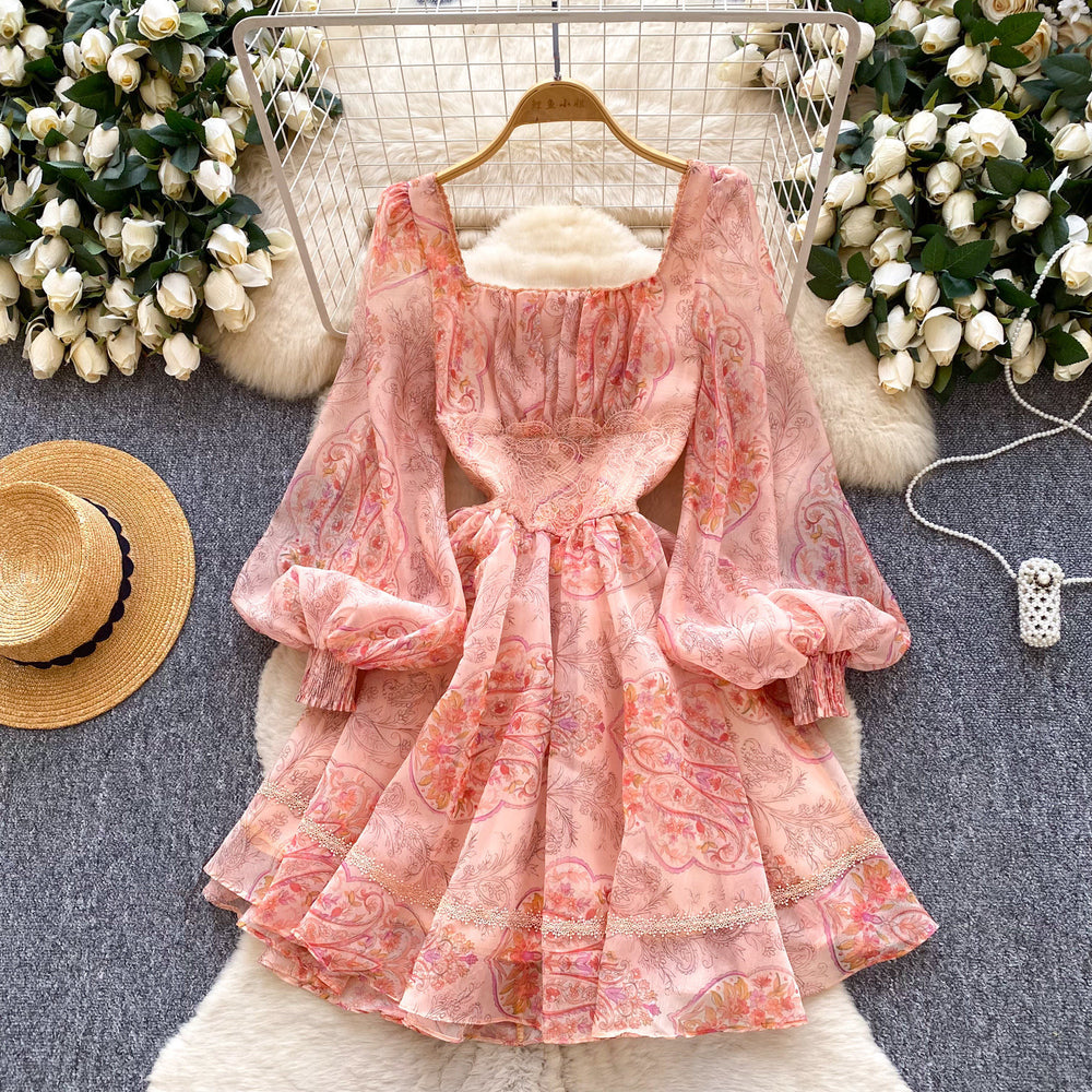 K-style lantern sleeve square collar printingdress women's summer waist small silm type a-line skirt work clothing short skirt