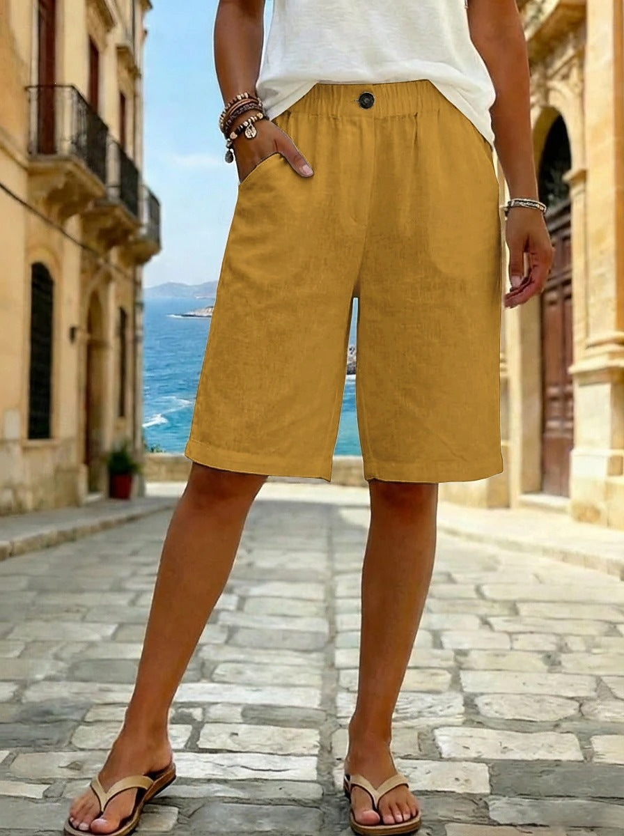 european and american  new women's faux cotton linen shorts - summer casual everyday mid-rise solid color shorts