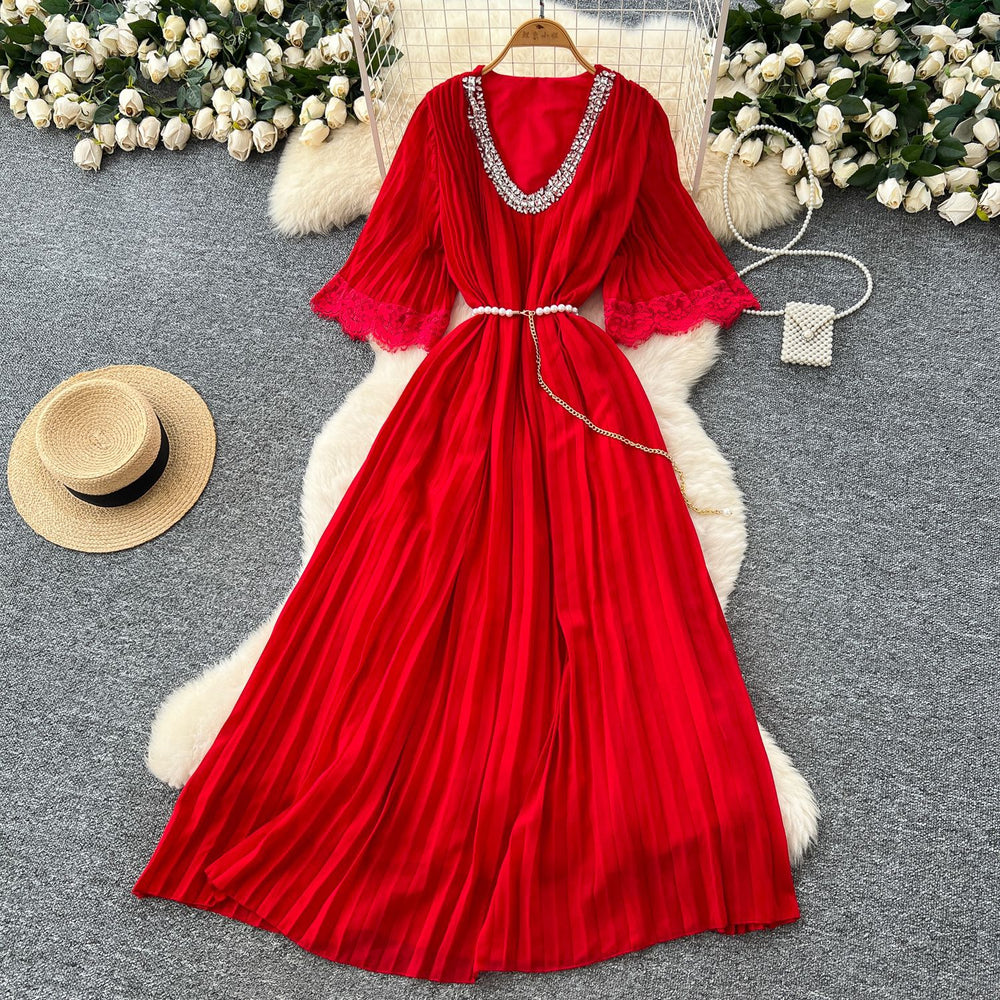 French-style embellished v-neck lace patchwork midi dress with ruched detail and tie-waist – women's loose-fit maxi dress