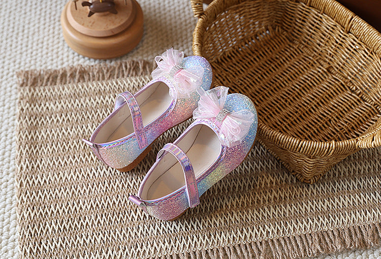 new gradient rainbow sequin girls' princess shoes - mesh rhinestone bow velcro soft sole kids' shoes
