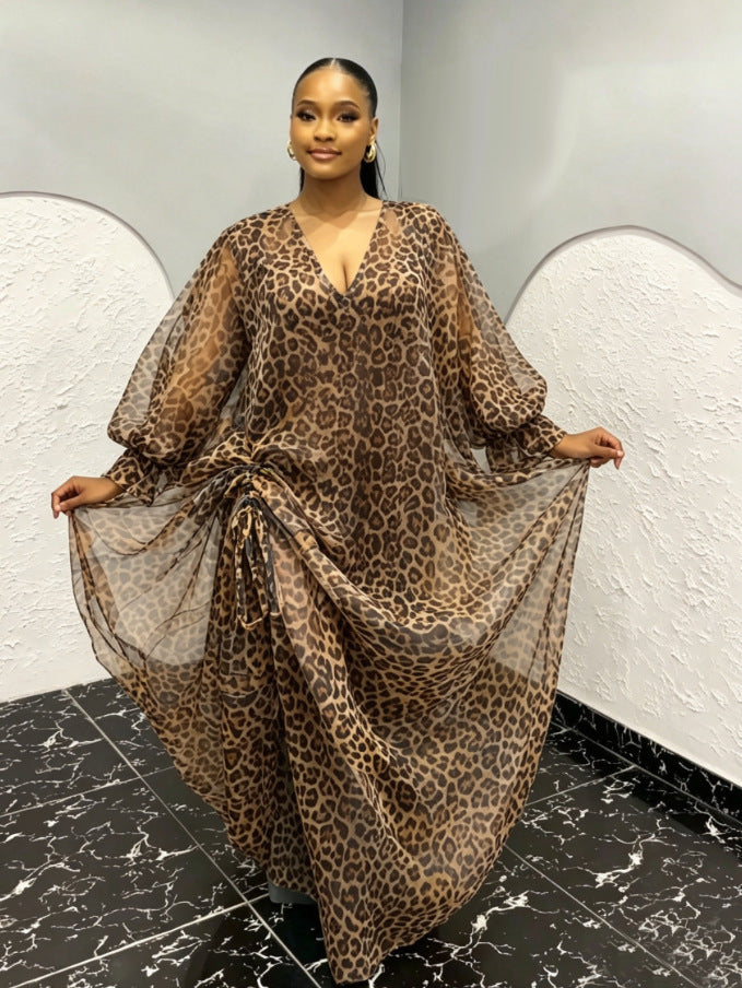 African wedding party dress - colorful leopard print batwing sleeve shirred design robe bubudress