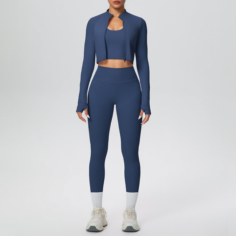 brushed tight-fitting breathable back-hanging halter vest long three-piece set sports running fitness yoga suit