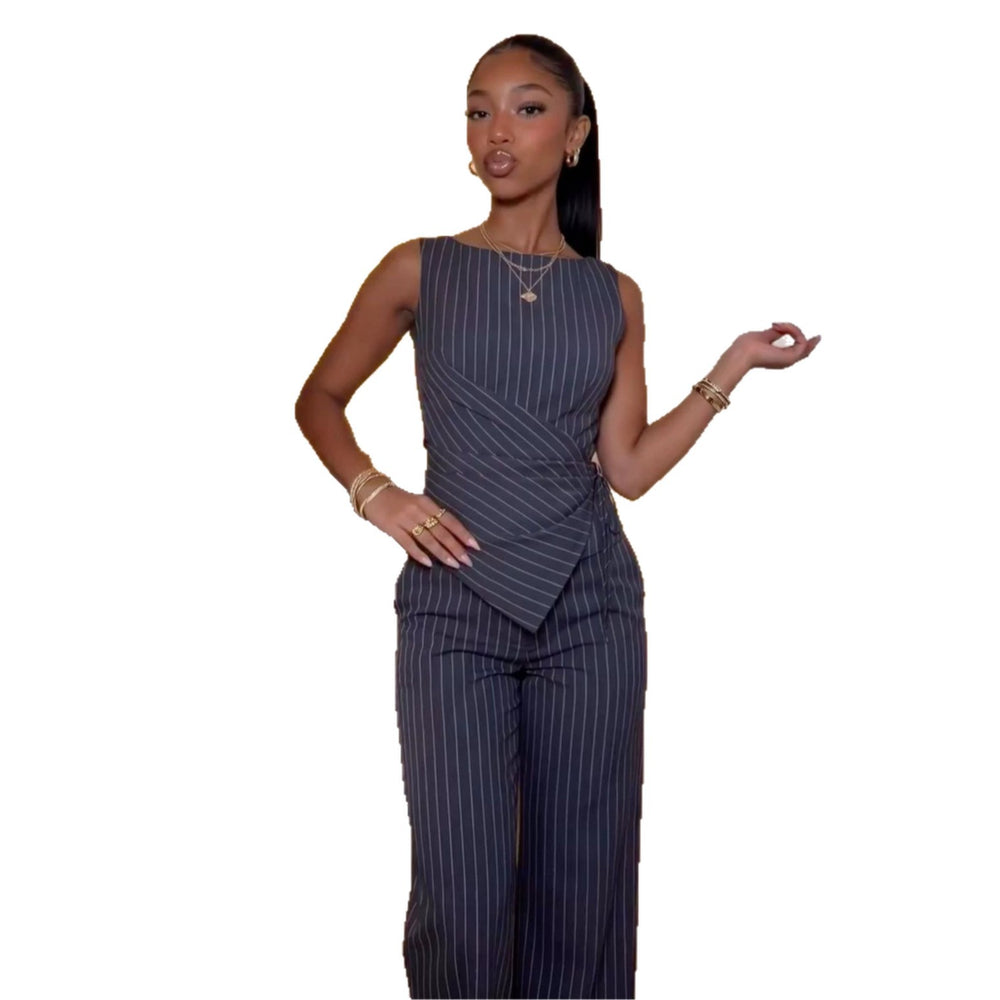 European and american cross-border women's fashion  summer new arrival: elegant strappy sleeveless striped slim-fit top and high-waisted pants set