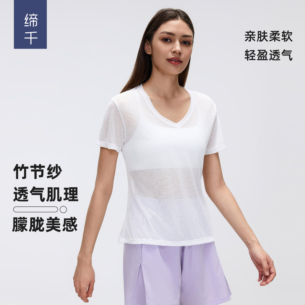 Summer v-neck bamboo slub lightweight breathable sports t-shirt women's running fitness short sleeve yoga top d26098