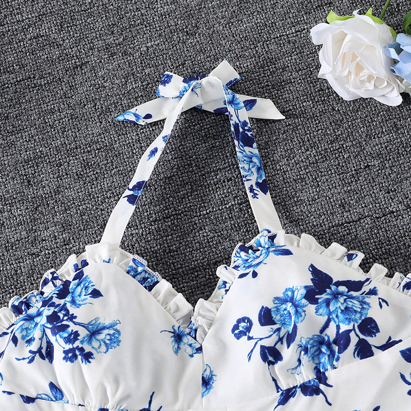 spring/summer new arrival: cross-border export girls' french style vacation dress - elegant floral print camisole v-neck bandeau dress