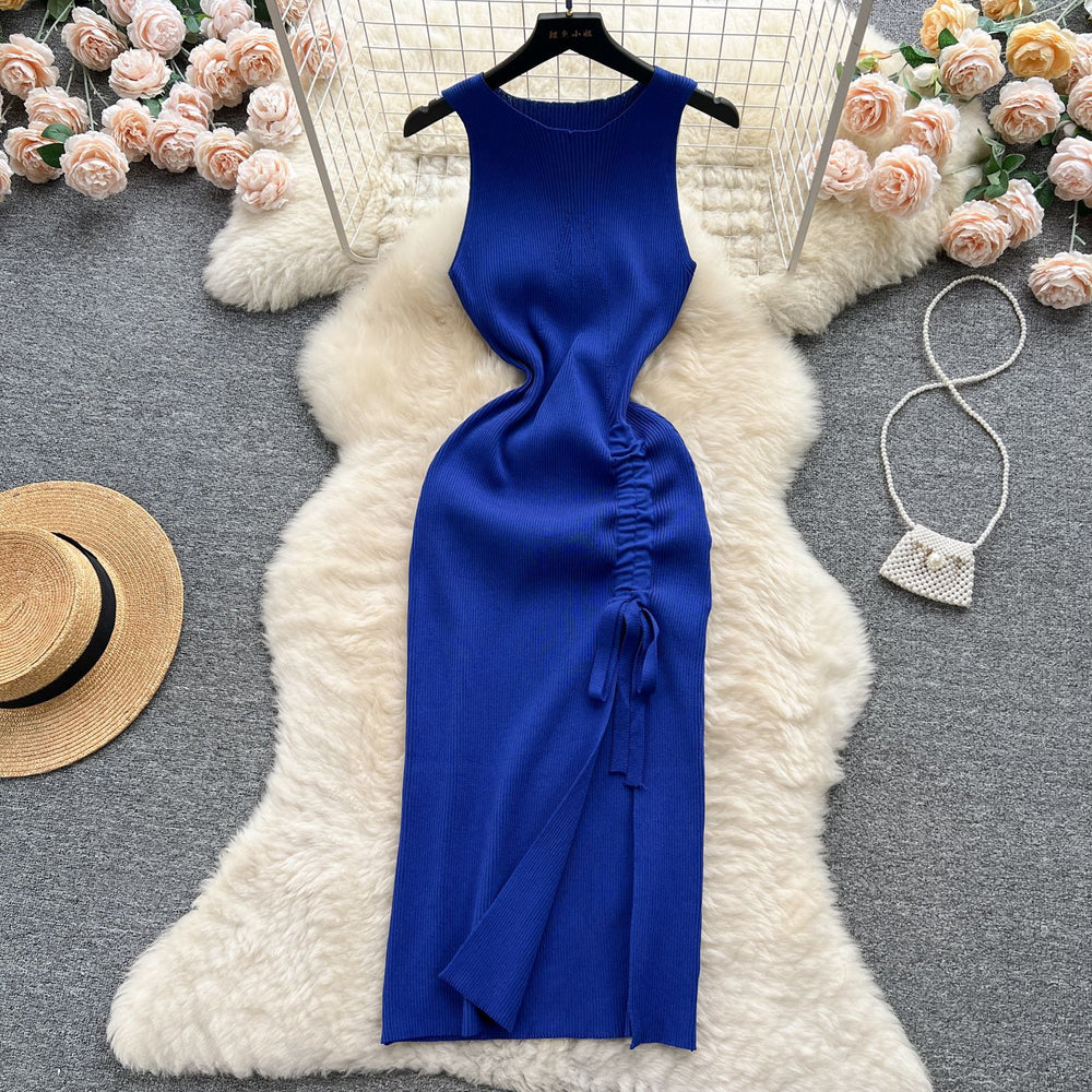Sleeveless round neck knitting vest dress women's summernew arrival silmslimming lookelegant drawstring slit hip-hugging dress trendy
