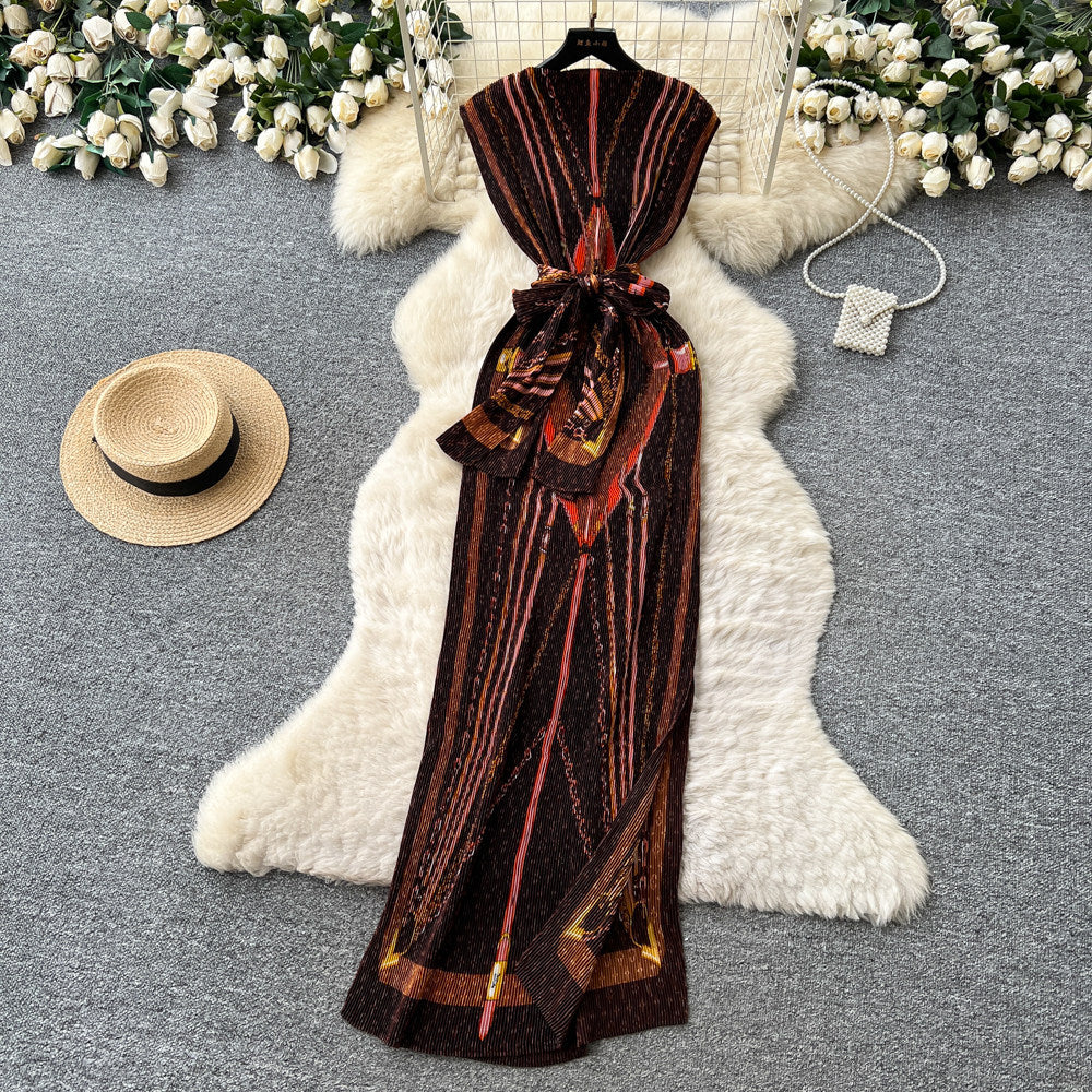 New chinese style printed pleated dress - women's summer new arrival: sleeveless, high-waisted, slim-fit, figure-flattering maxi dress with elegant flair
