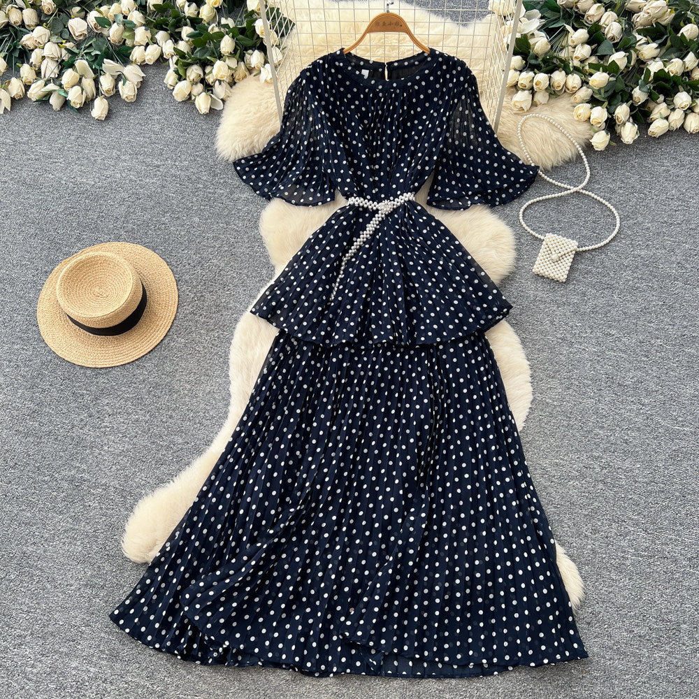 French red polka dot short-sleeve a-line dress - women's summer slimming cake dress - elegant commute maxi dress