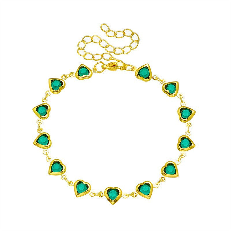 European and american cross-border new arrival: fashionable retro green heart crystal bracelet - unique, versatile green bracelet jewelry