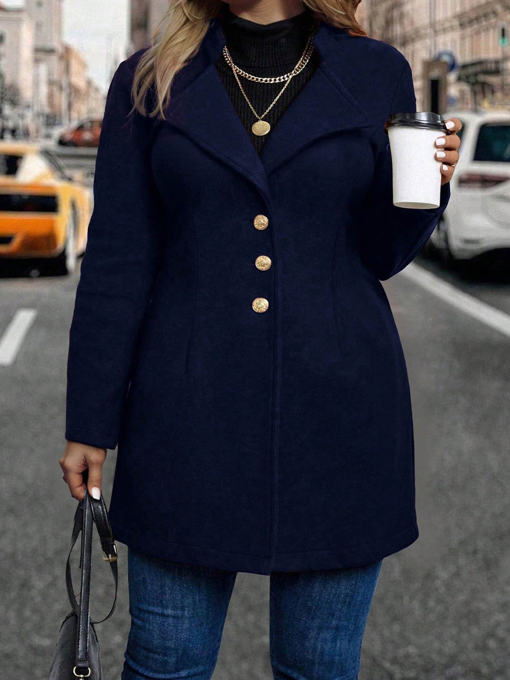 European and american style plus size vintage wool blend coat with turn-down collar, metal buckle design, slim fit, mid-length, long sleeve overcoat