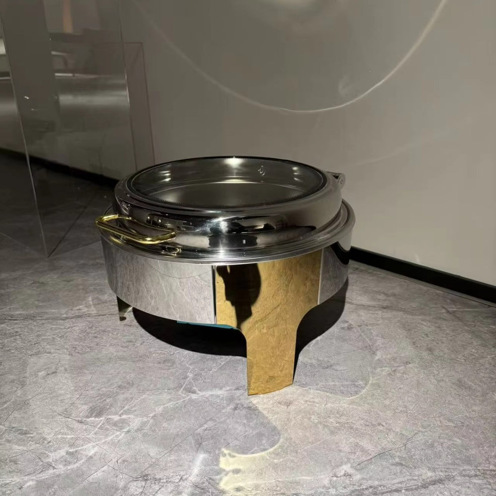Round stainless steel buffet warming cabinet with see-through glass lid - commercial grade, 6l capacity - in stock for hotel use