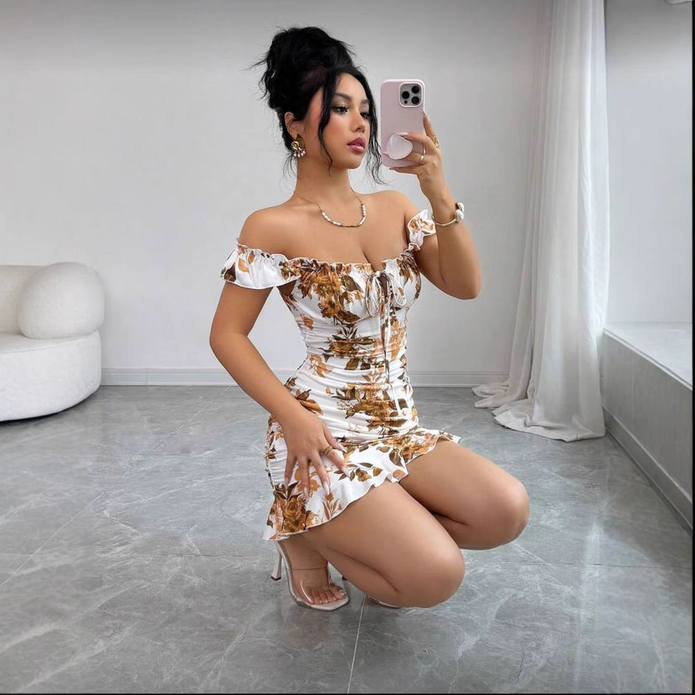 fashion women's retrofloralsprintingruffles hem silm a-line dress elegancesexy