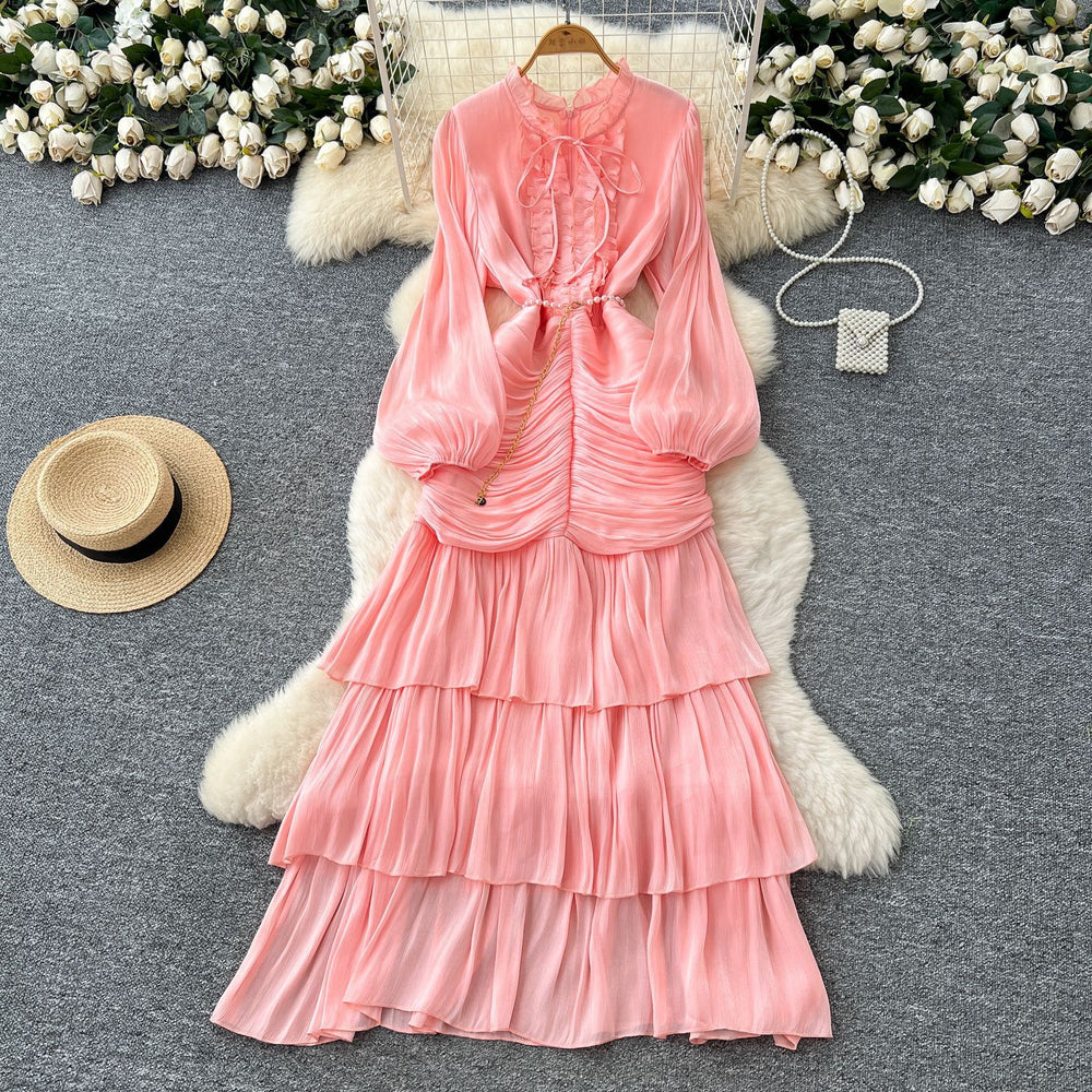French dress women's  new arrival high-end lace patchwork cinched waist lantern sleeve ruffle hem long evening gown