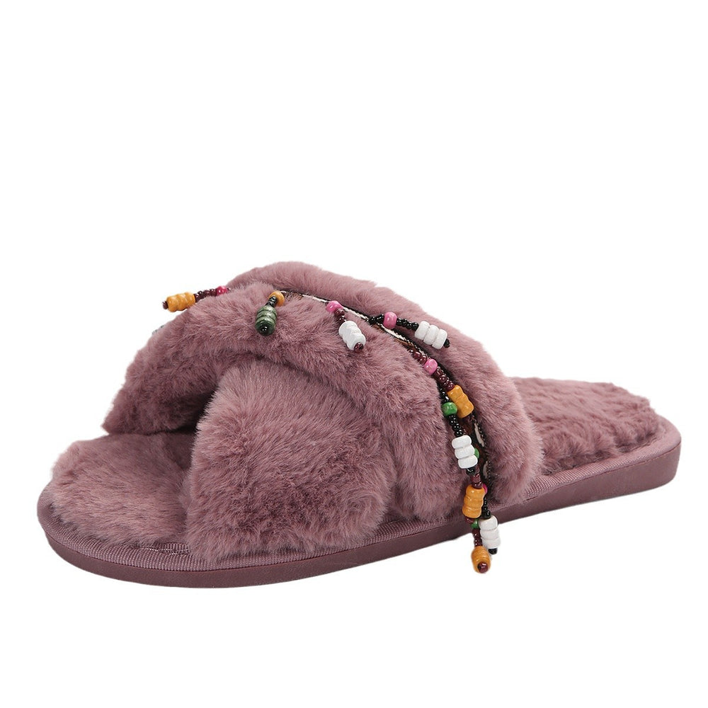 2024 winter new arrival: criss-cross soft sole ethnic style fuzzy slippers for women, plus size export flat bottom warm cotton slippers