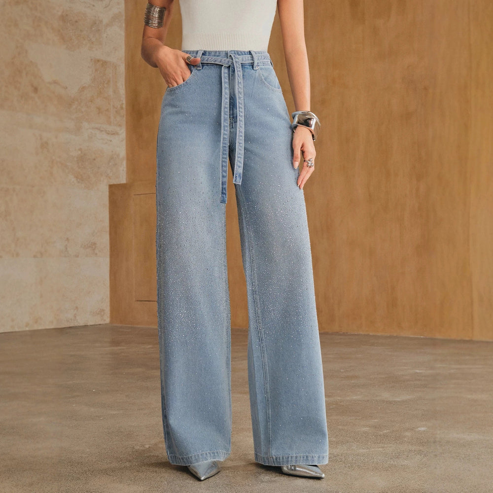Fashionjeans women's full-width hot diamond with the same material belt light blue washed high waist wide-leg mop denim pants
