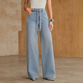 Fashionjeans women's full-width hot diamond with the same material belt light blue washed high waist wide-leg mop denim pants