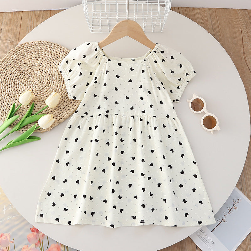 Girls' summer floral dress - trendy bubble sleeve sundress for kids - stylish cartoon print dress