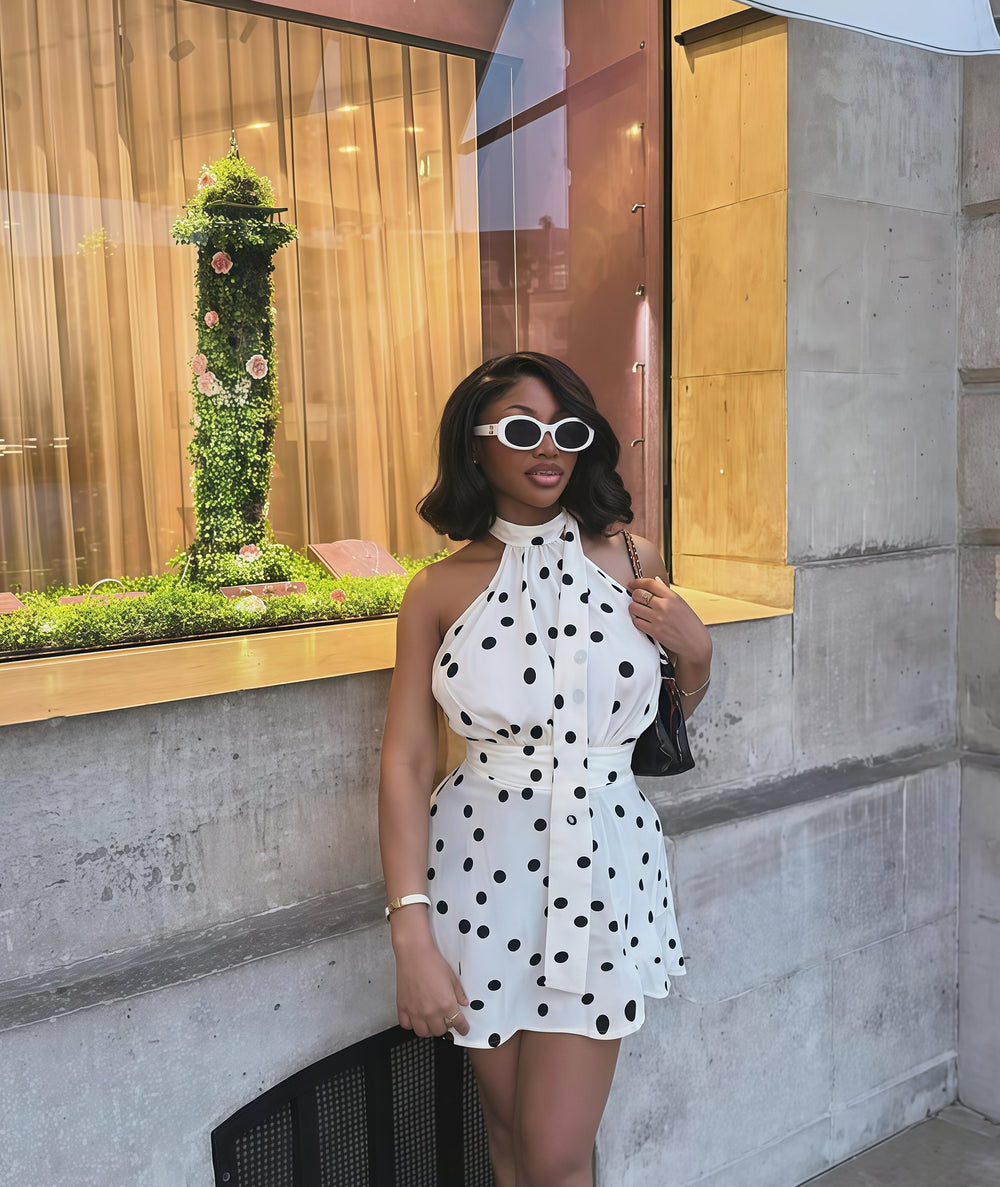 European and american cross-border women's fashion:  autumn new sleeveless halter neck backless polka dot print cinched waist mini dress