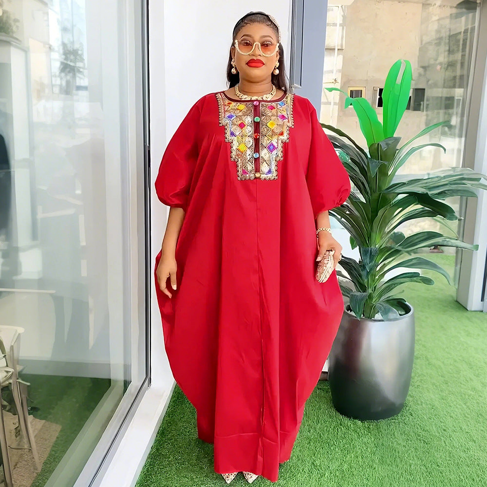 Southeast asia cross-border  sequin appliqué dress african  women's plus size loose robe