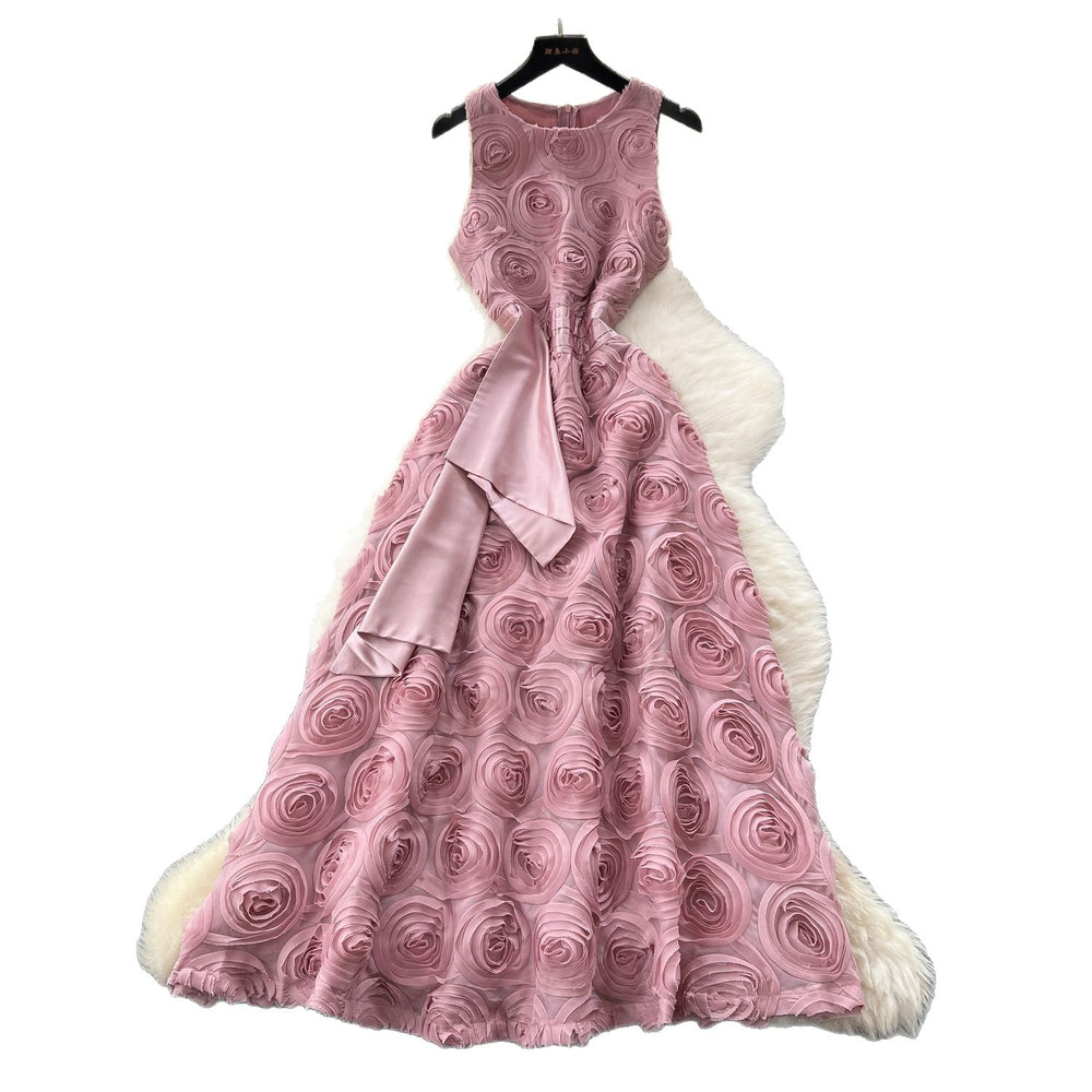 High-end elegant women's dress -  summer french style, heavily embellished 3d floral, cinched waist, sleeveless evening gown maxi dress