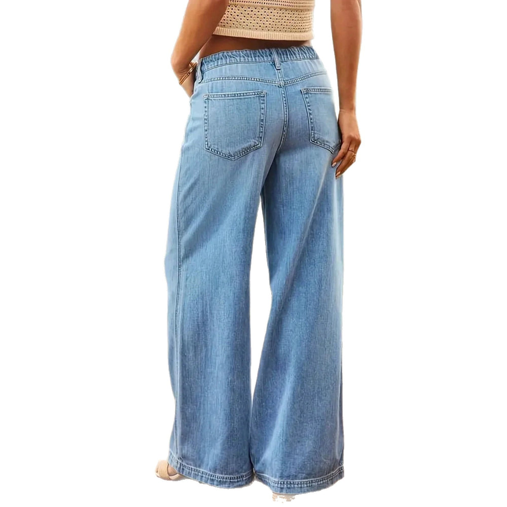 Fashion cross-border casual style drawstring waist wide-leg jeans women's light blue washed looseslimming lookdrapedmoppants