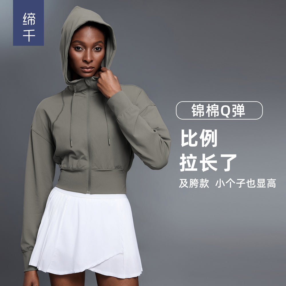 Hooded sports outwear women's spring & fallshort waist cardigan long sleeve tops yoga fitness wear jacket d25147