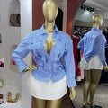 European and american cross-border women's fashion:  summer new arrival - elegant, designer, niche woven turn-down collar striped blouse top