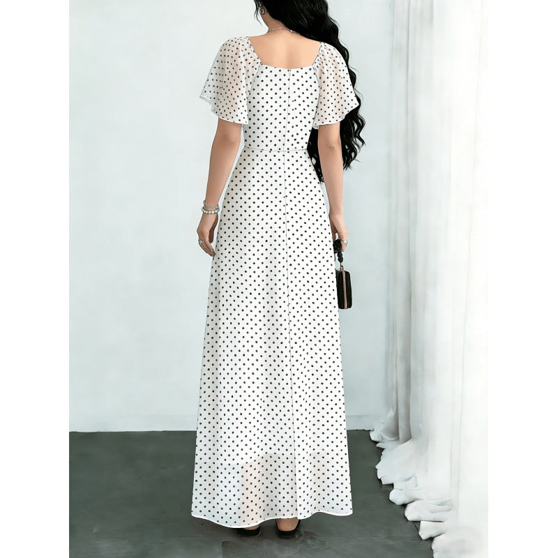 Women's summer new french chic ruffle sleeve fitted waist a-line chiffon maxi dress