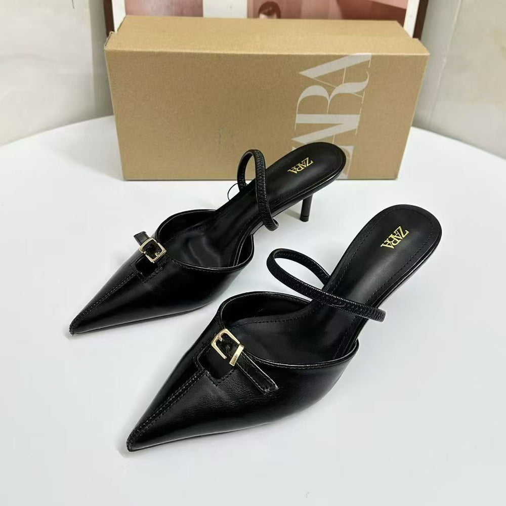Za2025autum new product shallow mouth hollow fashion high heel pointed black brown buckle style mule fashion women's sandals