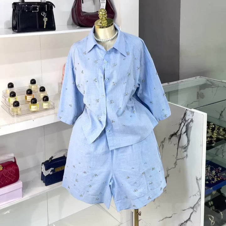 European and american cross-border women's fashion:  summer new arrival - stylish turn-down collar, loose fit, heavily embellished diamond-studded shirt and wide-leg pants set