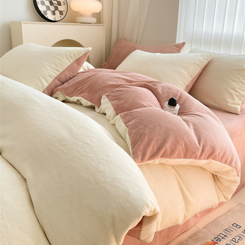 Solid color milk fleece four-piece set, winter thickened coral fleece bed sheet quilt cover, Nantong flannel bed three-piece set