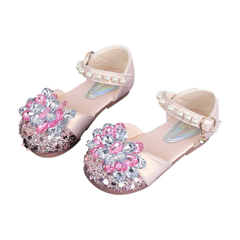Vancahao niche design girls' rhinestone princess shoes,  spring/autumn new collection, kids' fashion pearl-embellished closed-toe sandals