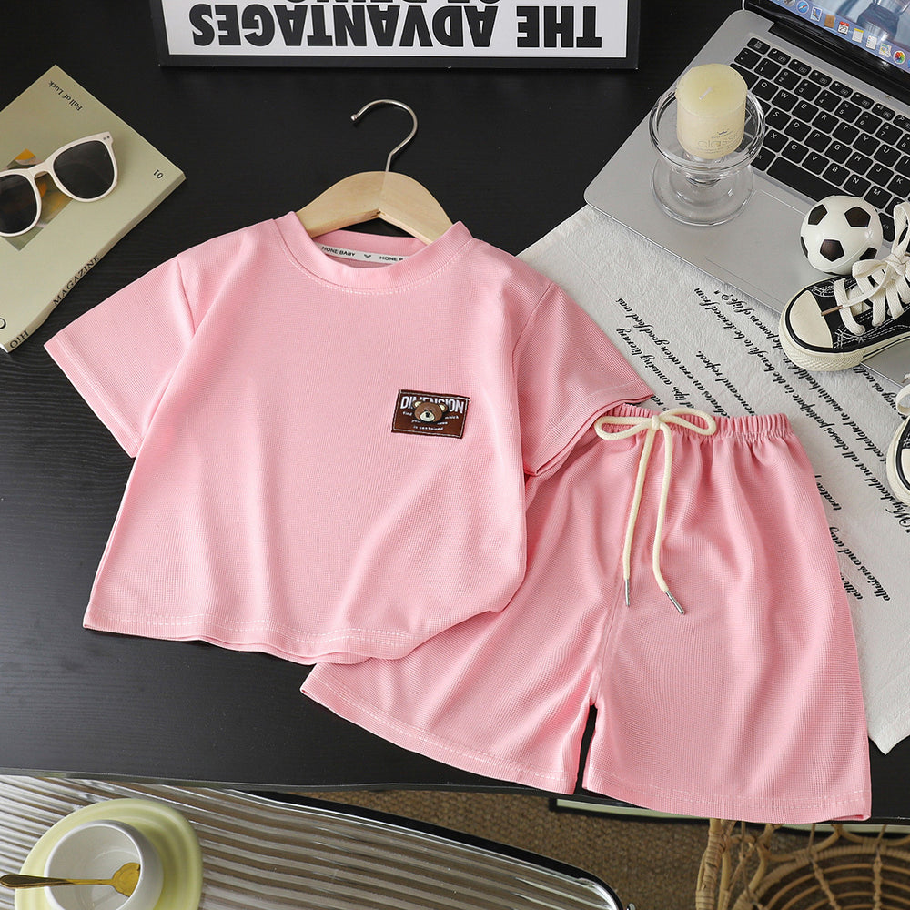Summer kids' waffle knit short sleeve set: boys' casual activewear, girls' loose-fit t-shirt, wholesale baby clothes