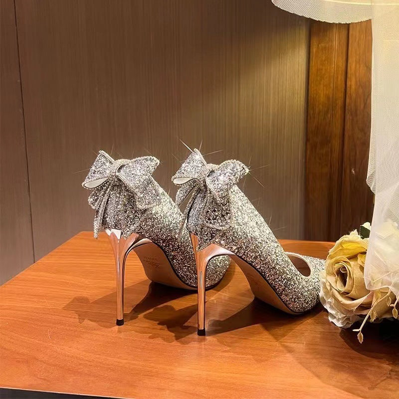 2025 spring/autumn new crystal rhinestone silver bow high heels women's stiletto high heels premium bridesmaid french wedding shoes