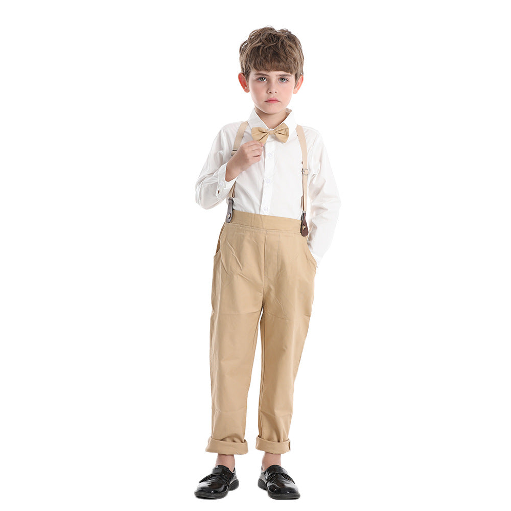 Source factory boys' first birthday dress, long sleeves, white shirt, overalls, performance boys' spring children's clothing suit customized