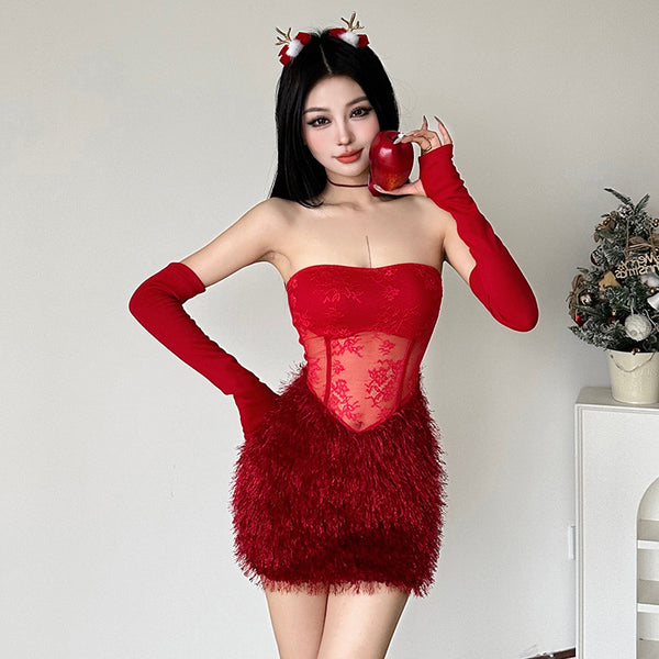European and American style 2024 autumn and winter Christmas fashion sweet temperament tube top sleeve mesh stitching plush hip skirt set