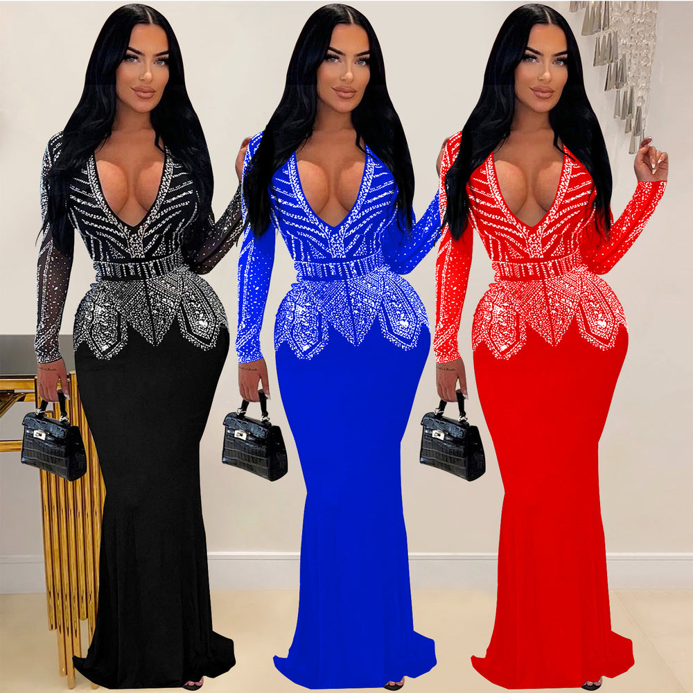 C7003 cross-border   independent station fashionfashion women's new hot diamond long skirt dress v neck