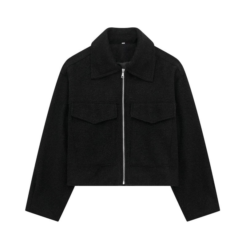 spring/autumn women's designer wool blend jacket: unique streetwear style, relaxed fit, cropped length