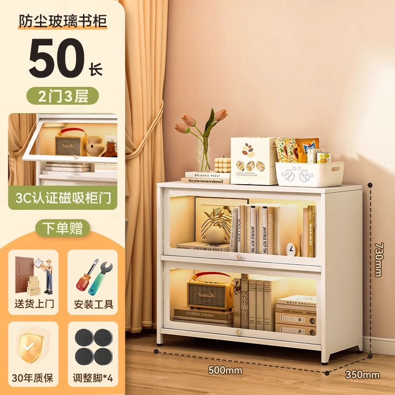 Steel bookcase with glass doors, kids' bookshelf, home living room storage cabinet, dustproof display cabinet, iron art shelf