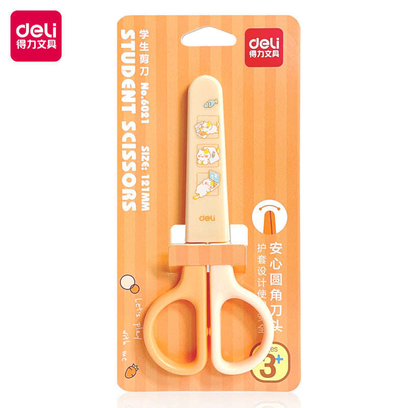 Deli 6021 student handmade scissors cute cartoon child protective cover scissors mini student small scissors wholesale