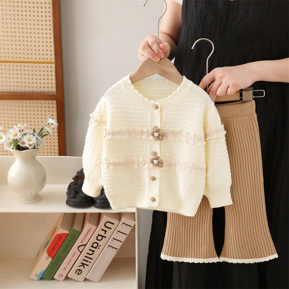 Girls' knit sweater set - new autumn/winter  collection: lace floral top & pants set for little girls