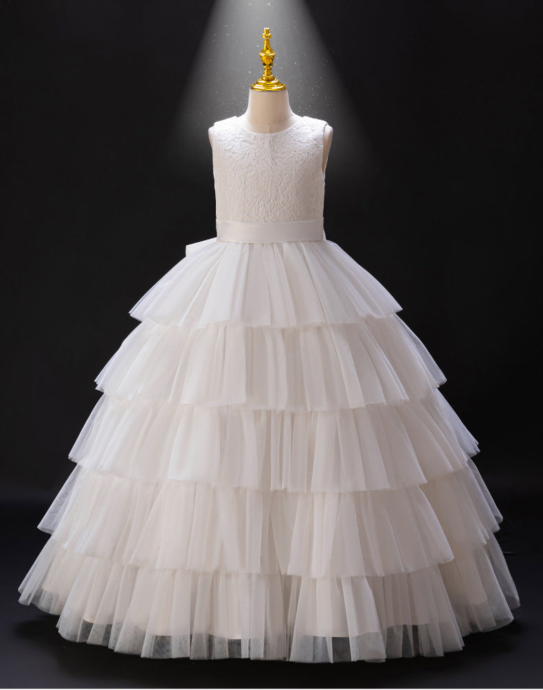 Girls' dresses flower girl wedding dress high-end white cake skirt elegant piano performance little girl runway dress european and american style