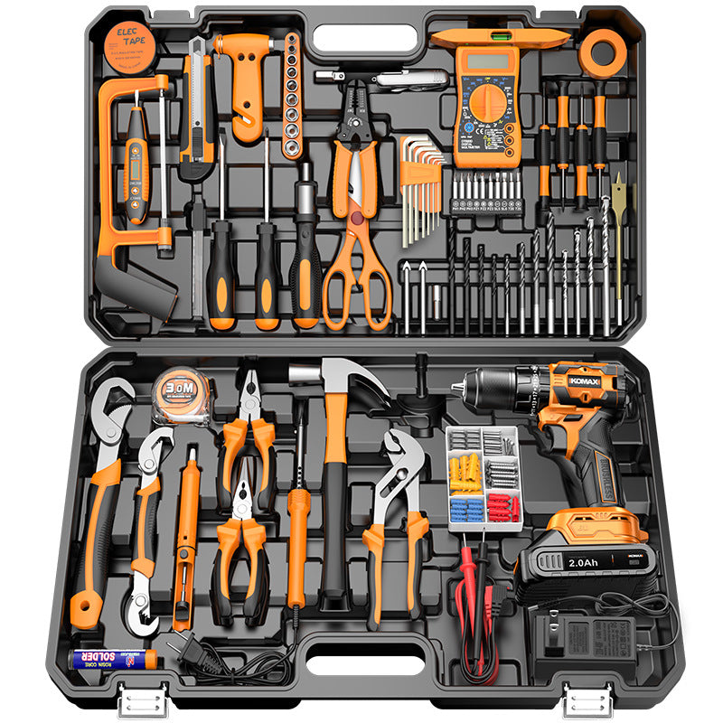 Home tool set electrician's toolbox complete kit - includes cordless drill, multi-tool, and hardware repair essentials for car and home use