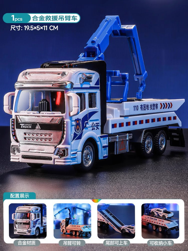 Kids' alloy toy car police car rescue truck large double-decker trailer car model for boys ages 3-6