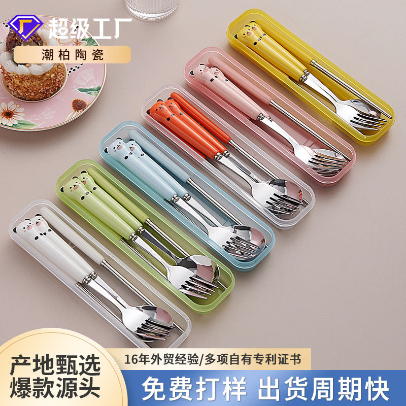 High-style stainless steel panda portable cutlery set with logo customization, wholesale children's tableware, spoon and fork set, custom-made