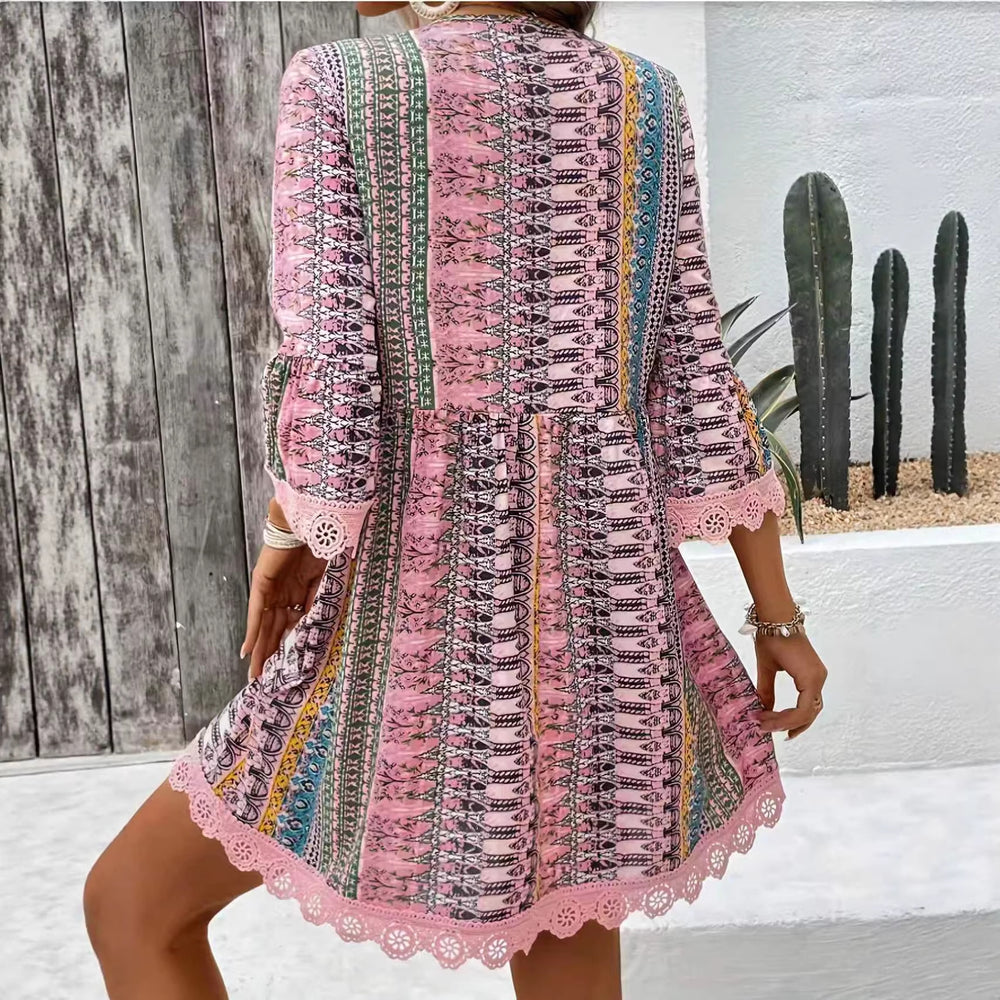 Amazon foreign trade women's loose v-neck printed european and american casual lace trim bohemian style dress